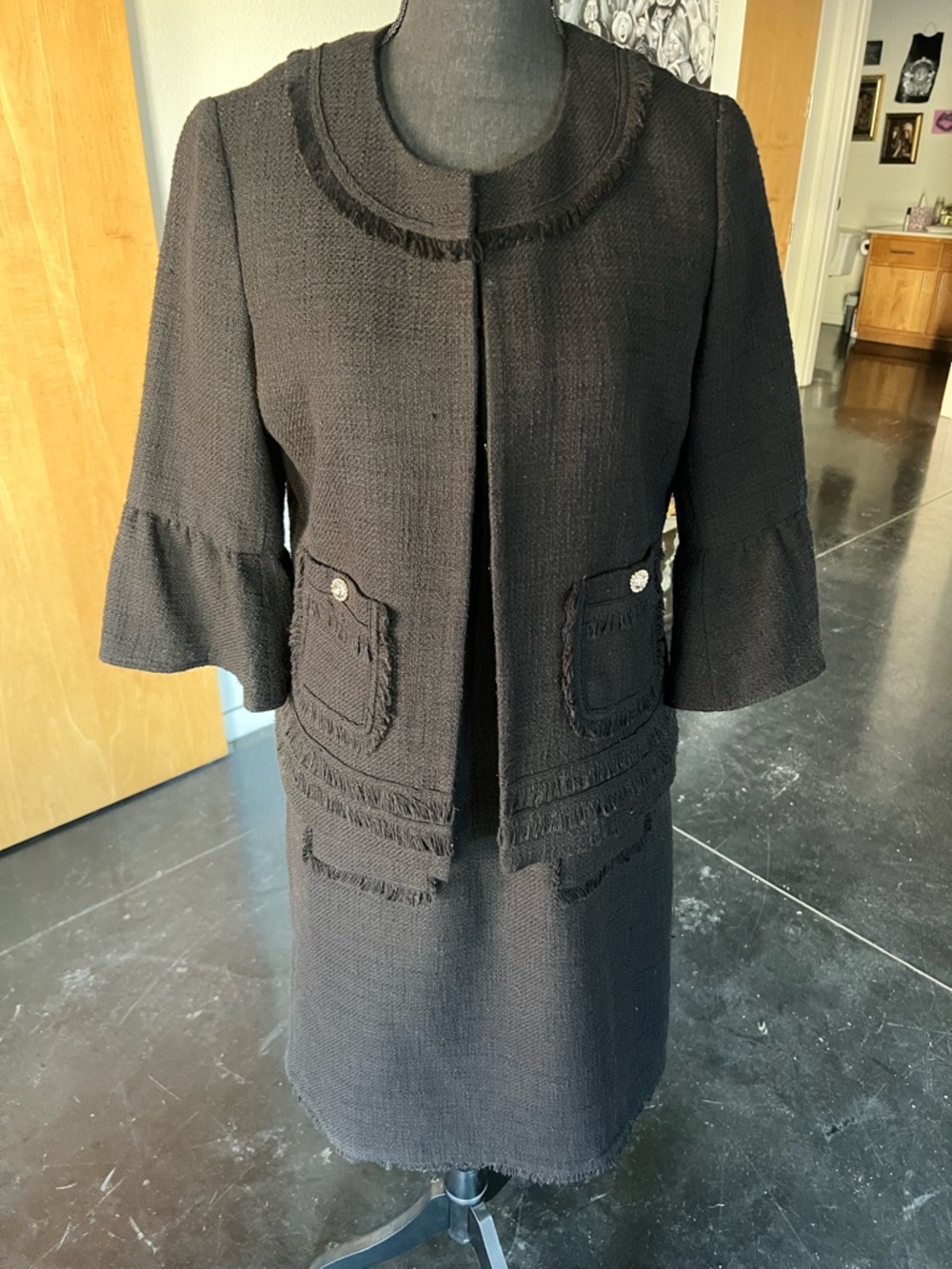 Karl Lagerfeld Black Tweed Fringe Dress and Blazer Set